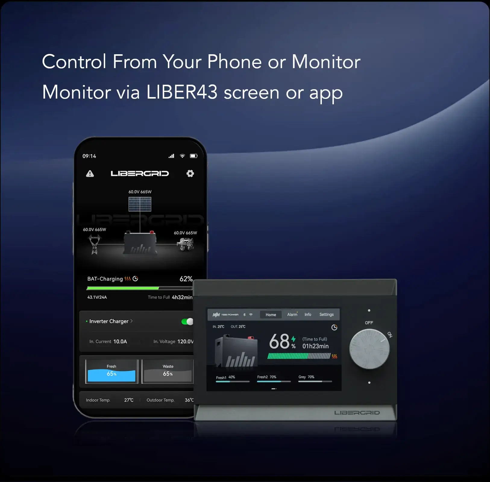 Control your LIBERGRID power system from your phone or LIBER43 monitor with real-time data and settings