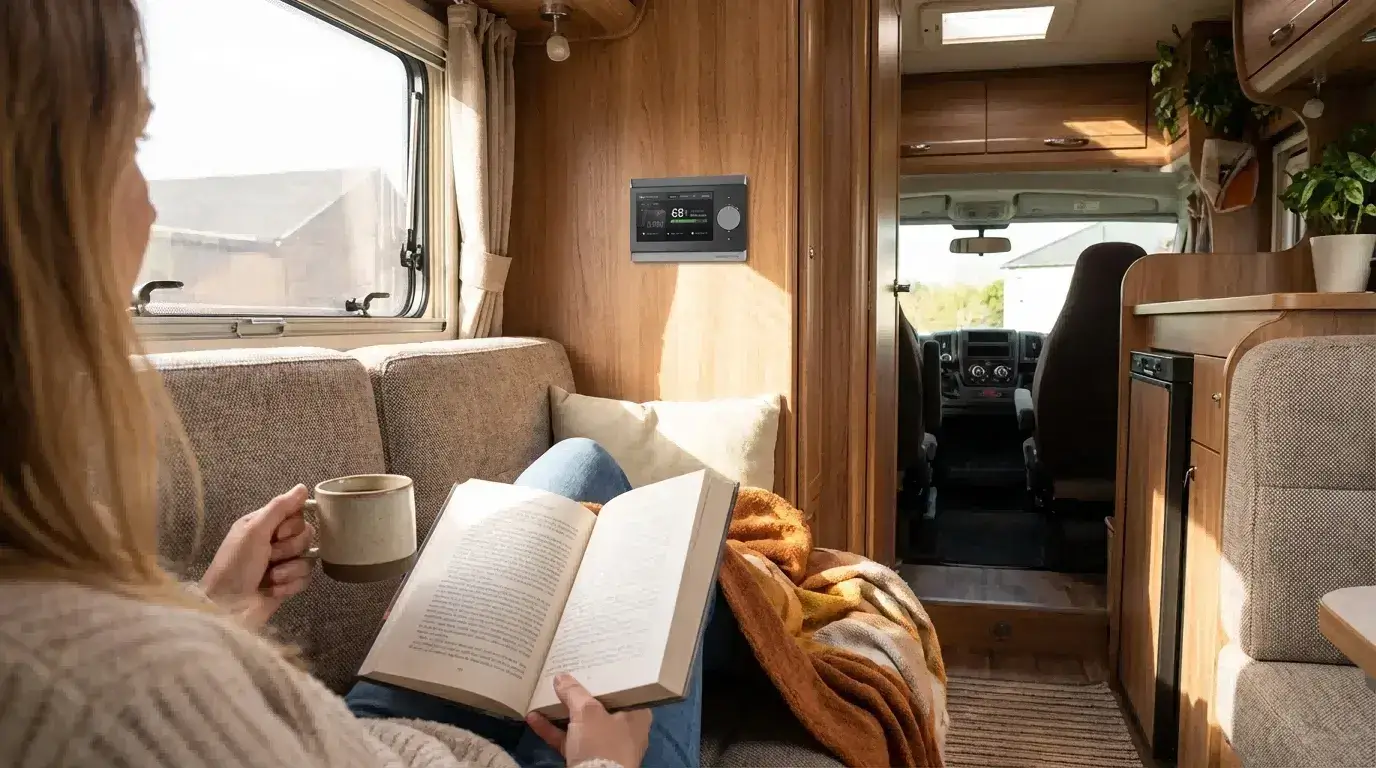 Peaceful RV living with LIBER43 monitor providing clear visibility and control of the entire power system