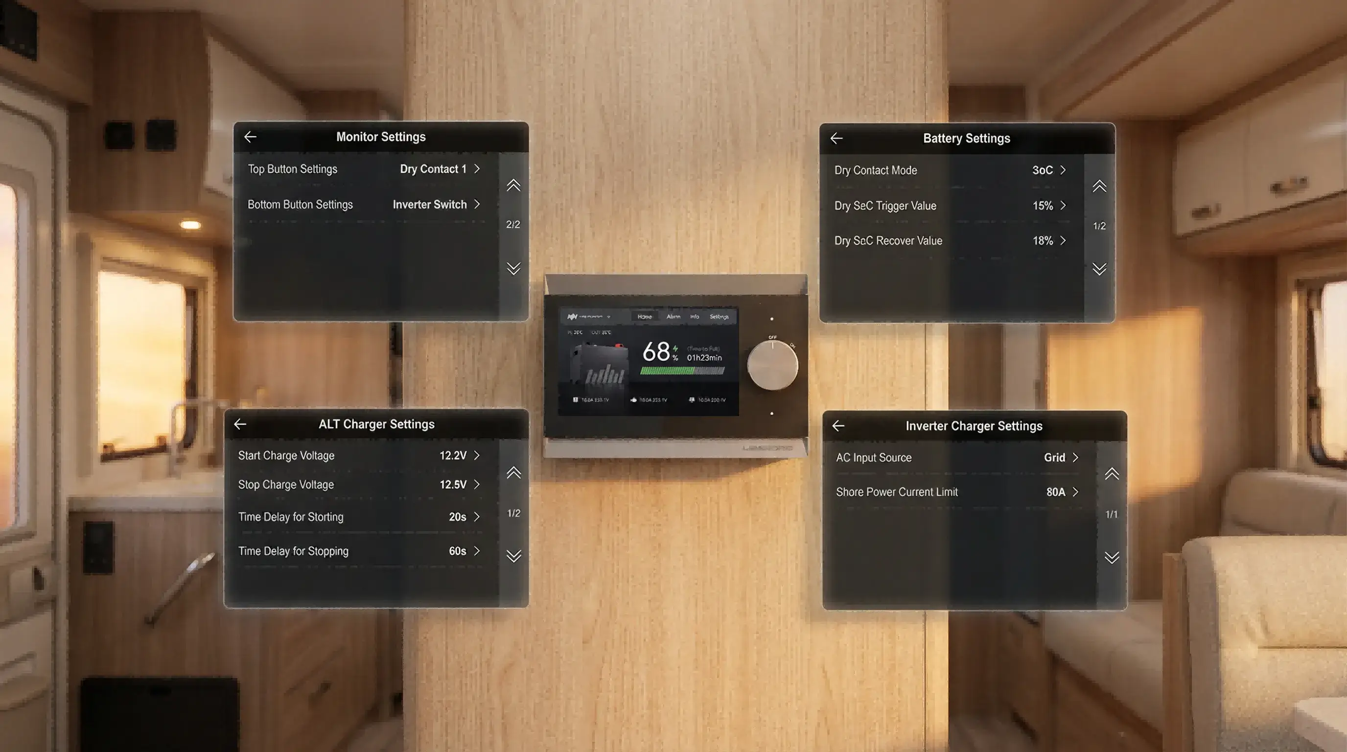 LIBER43 offers easy system settings including Monitor Settings, Battery Settings, ALT Charger Settings and Inverter Charger Settings