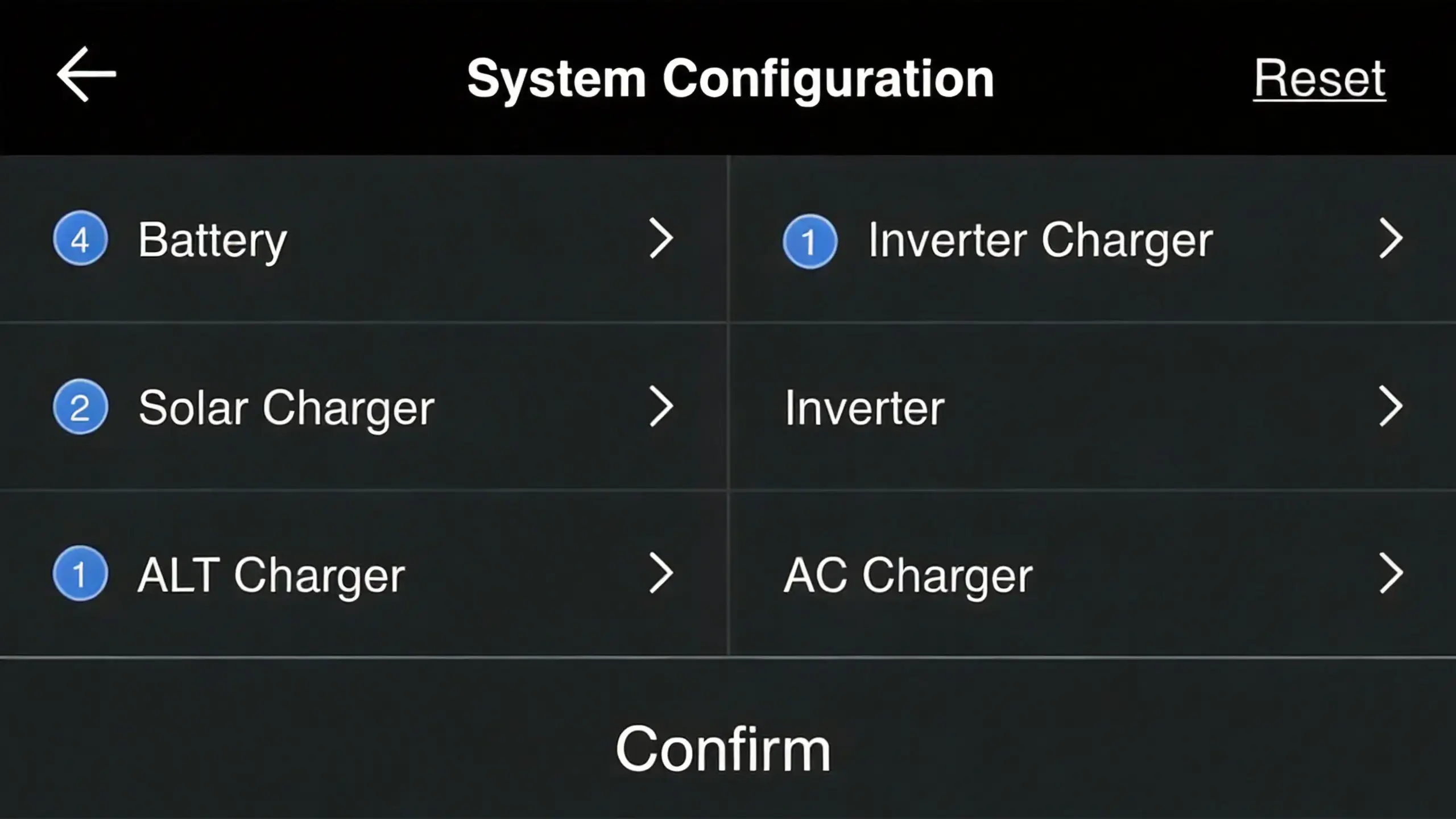 LIBER43 mobile app showing System Configuration page with connected devices including Battery, Inverter Charger, Solar Charger and ALT Charger