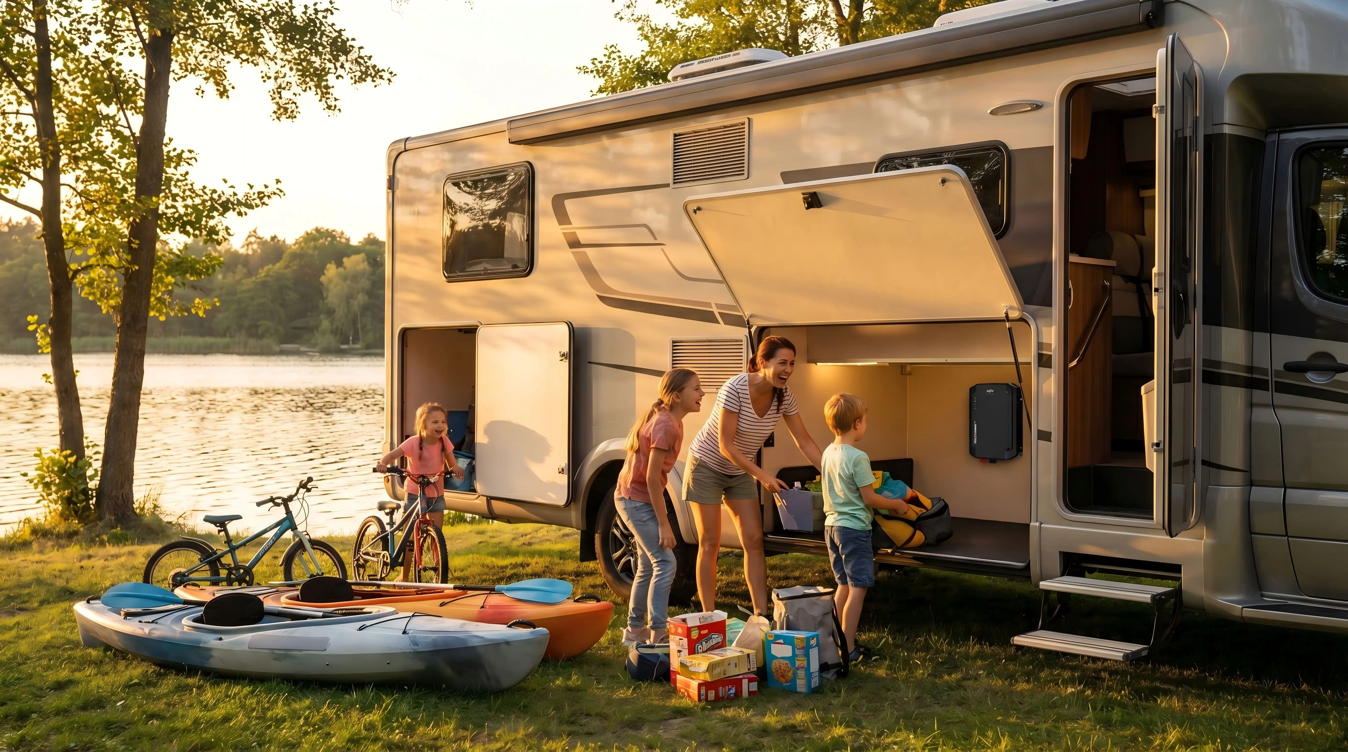Family enjoying carefree RV camping powered by the reliable PH inverter